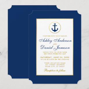 Invitación de boda náutica azul y dorado