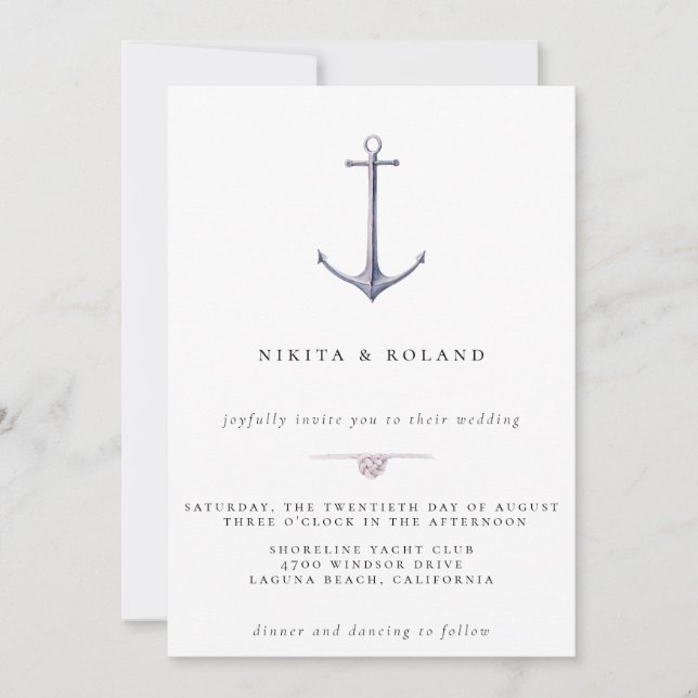 Invitación de boda náutica con ancla de acuarela (Anverso)