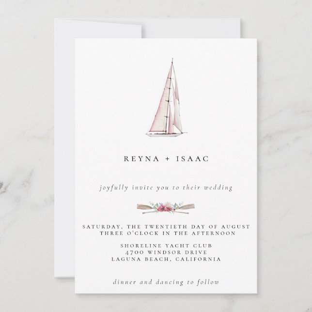 Invitación de boda náutica con velero acuarela (Anverso)