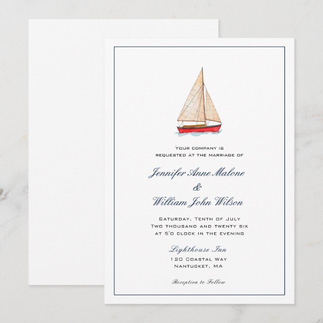 Invitación de boda náutica de barco de vela de acu (Anverso / Reverso)