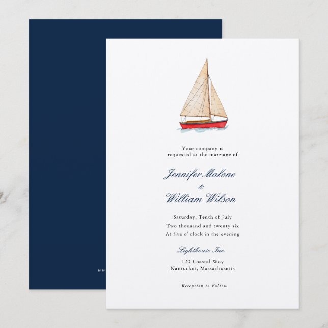 Invitación de boda náutica de barco de vela de acu (Anverso / Reverso)