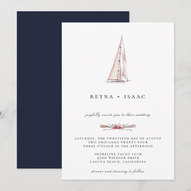 Invitación de boda náutica de barco de vela en acu (Anverso / Reverso)