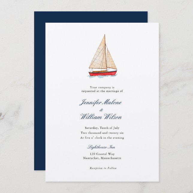 Invitación de boda náutica de barco de vela en acu (Anverso / Reverso)