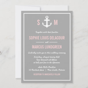 Invitación de boda náutica rosa y gris