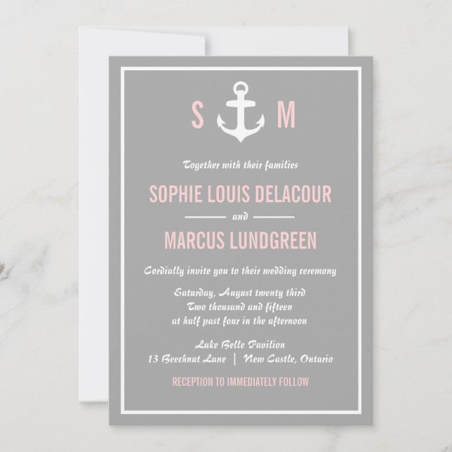Invitación de boda náutica rosa y gris (Anverso)