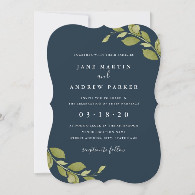 Invitación de boda naval botánica de hoja verde (Anverso)