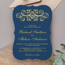 Invitación de boda Navy Blue Gold Flourish