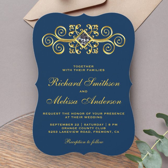 Invitación de boda Navy Blue Gold Flourish (Subido por el creador)