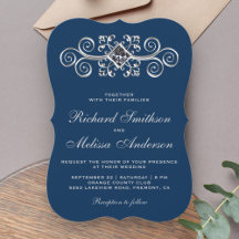 Invitación de boda Navy Blue Silver Flourish
