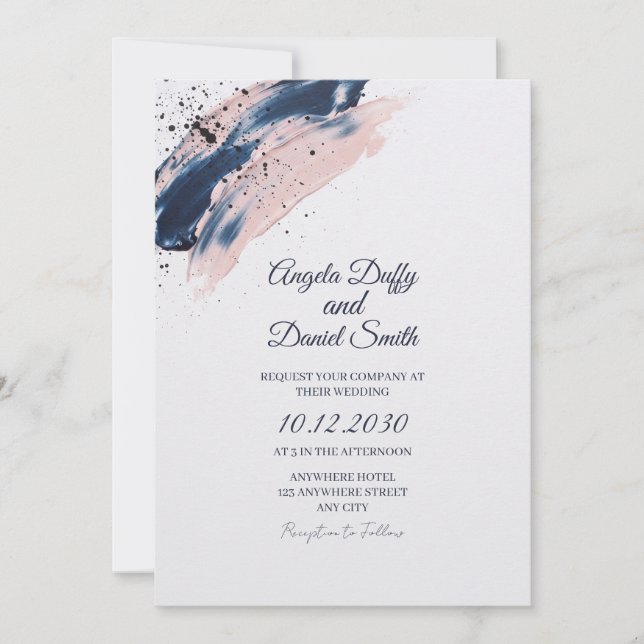 Invitación de boda Navy Blush Brushstroke (Anverso)