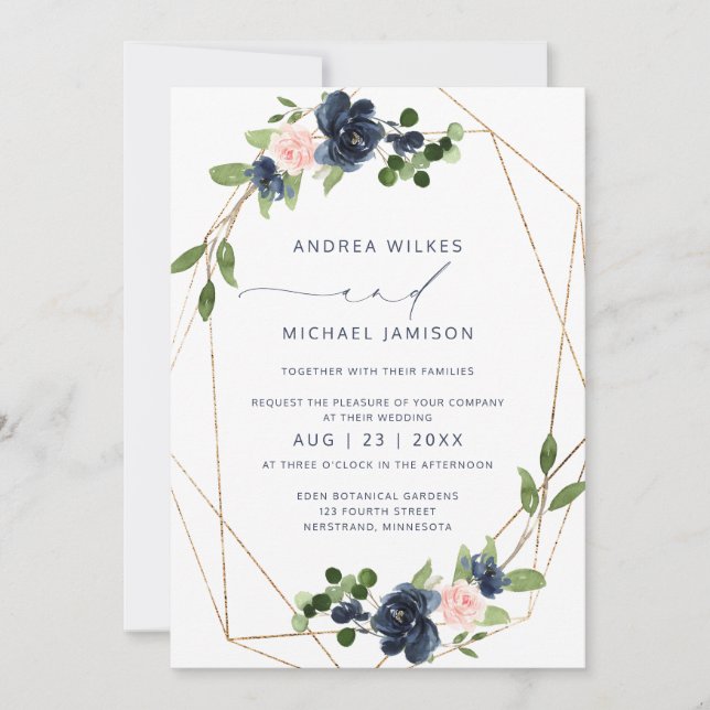 Invitación de boda Navy & Blush Geométrica con Fal (Anverso)