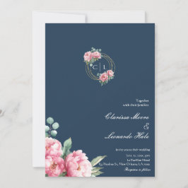 Invitación de boda Navy Blush Peony Gold Frame