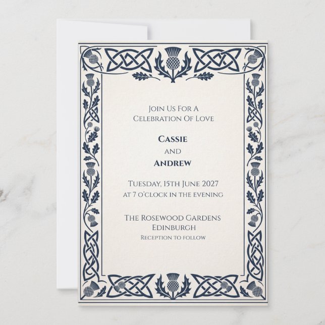 Invitación de boda Navy Celtic Thistle (Anverso)