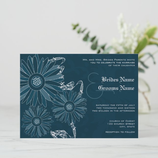 Invitación de boda Navy Gerber Daisy (Anverso de pie)