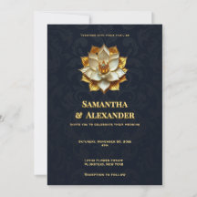 Invitación de Boda Navy Gold Lotus Elegante