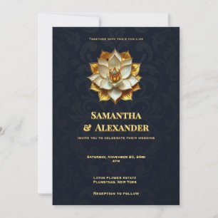 Invitación de Boda Navy Gold Lotus Elegante