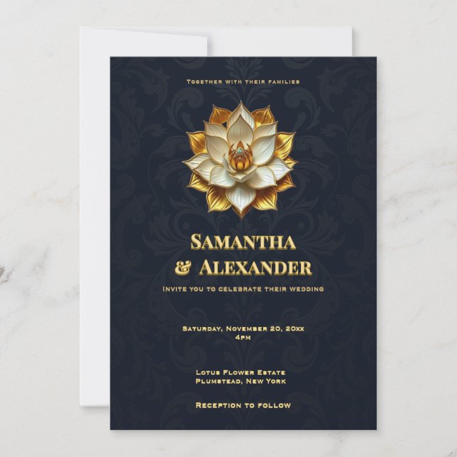 Invitación de Boda Navy Gold Lotus Elegante (Anverso)