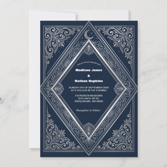 Invitación de boda Navy Gothi Art Deco de plata (Anverso)