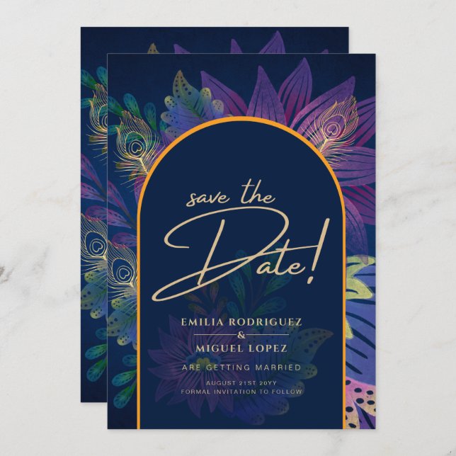INVITACIÓN de boda Navy Purple Gold JEWEL TONES Le (Anverso / Reverso)