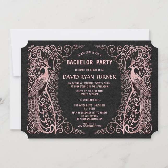 Invitación de boda negra Art Déco de pavo real de  (Anverso)