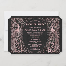 Invitación de boda negra Art Deco pavón dorado ros