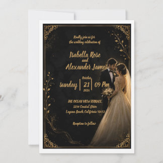 Invitación de boda negra atemporal