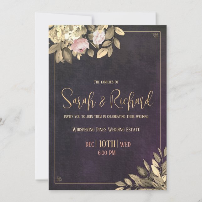 Invitación de boda negra carbón y dorada (Anverso)