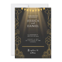 Invitación de boda negra con banderín en foco dora