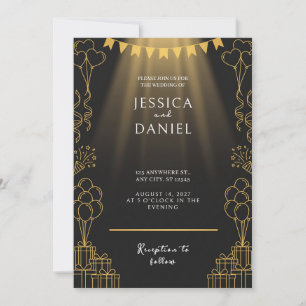 Invitación de boda negra con banderín en foco dora