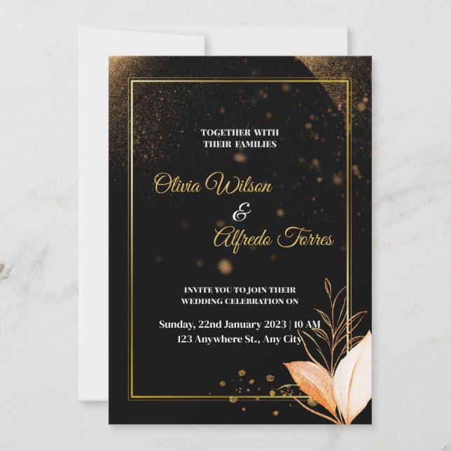 invitación de boda negra con colores dorados (Anverso)