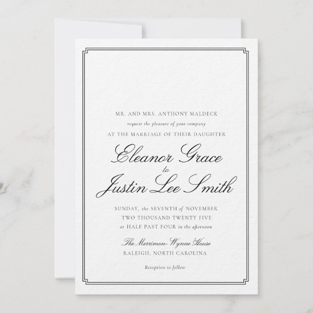 Invitación de boda negra con espacio de monograma (Anverso)