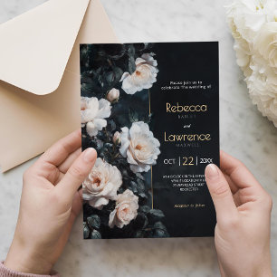 Invitación de boda negra con flores blancas melanc