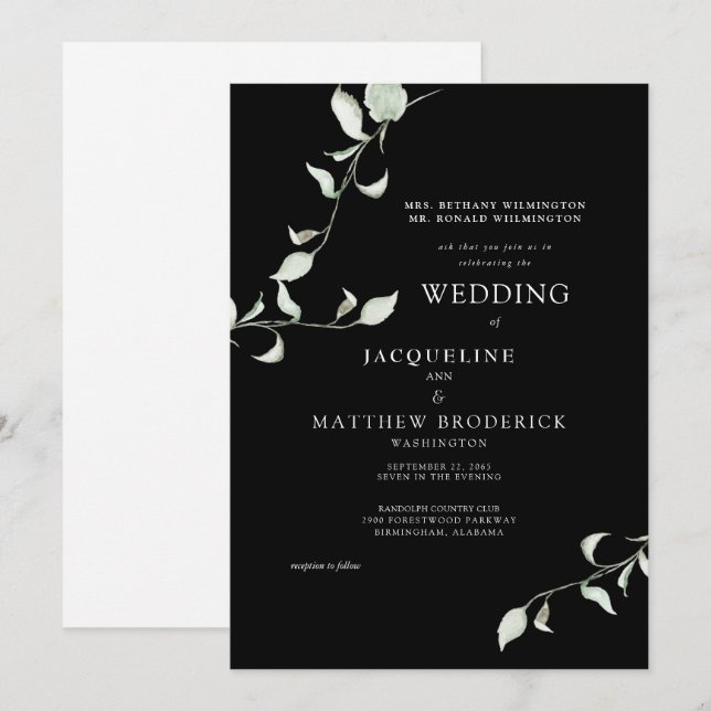 Invitación de boda negra con follaje de acuarela m (Anverso / Reverso)