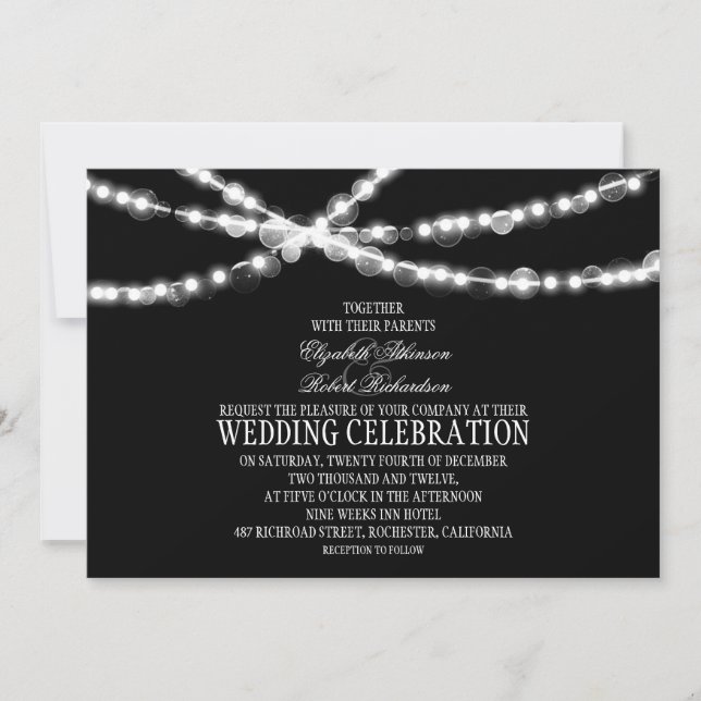 invitación de boda negra con luces de cadena (Anverso)
