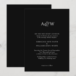 Invitación de boda negra con monograma de ampersan