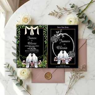 Invitación de boda negra con palomas y rosas rosad