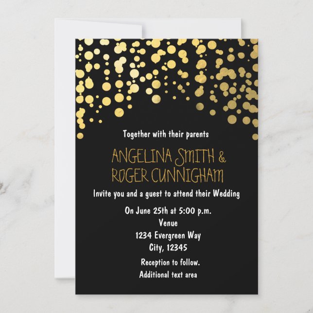 Invitación de boda negra con puntos de confeti de  (Anverso)