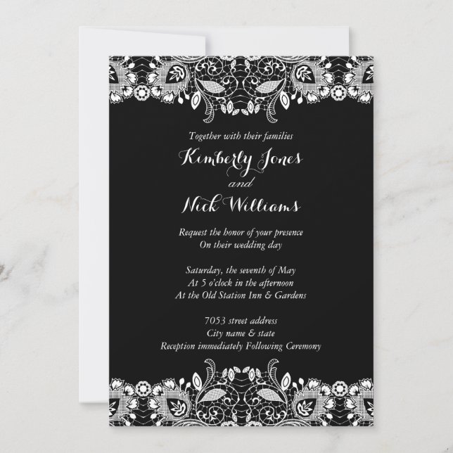 Invitación de boda negra de encaje blanco dulce (Anverso)