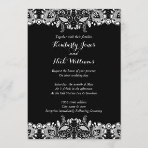 Invitación de boda negra de encaje blanco dulce