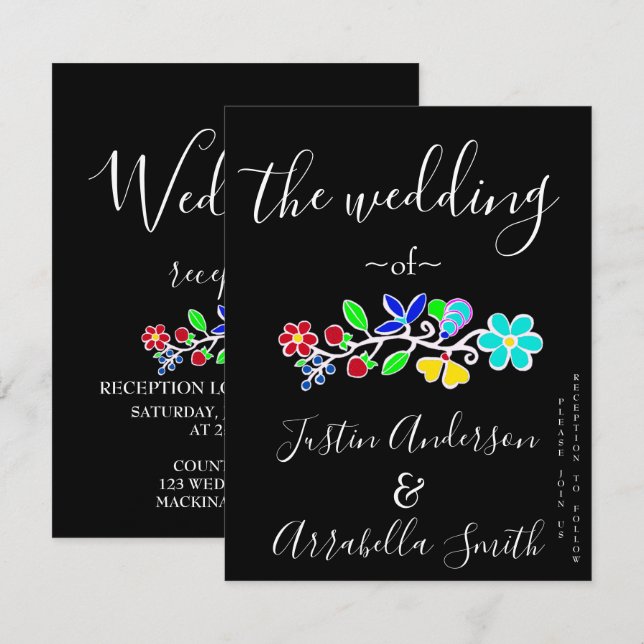 Invitación de Boda Negra de Fresa Floral Ojibwe (Anverso / Reverso)
