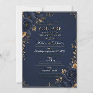 Invitación de boda negra de lujo con azul y burdeo