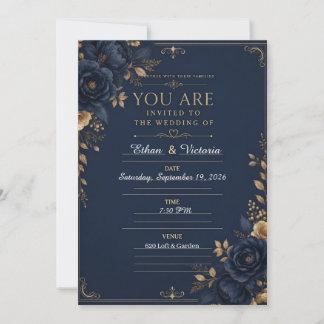 Invitación de boda negra de lujo con azul y burdeo