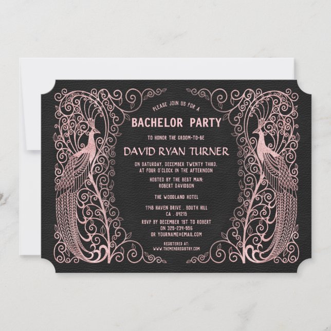 Invitación de boda negra de pavo real Art Déco de  (Anverso)