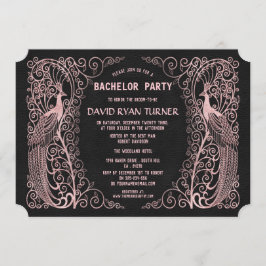 Invitación de boda negra de pavo real Art Deco en