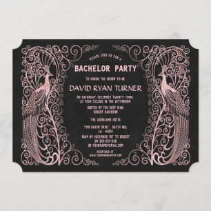 Invitación de boda negra de pavo real Art Deco en 