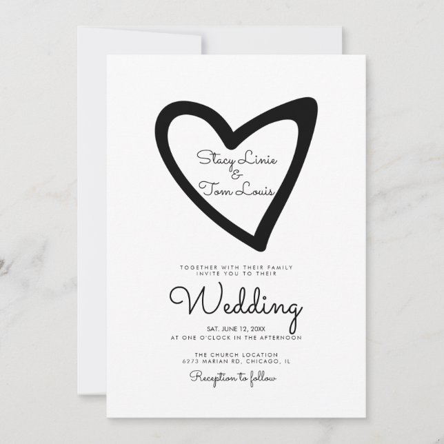 Invitación de boda negra dibujada con corazón vali (Anverso)