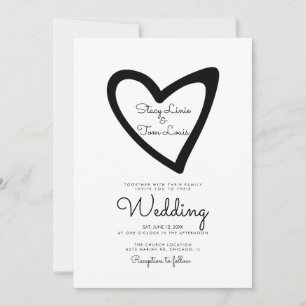Invitación de boda negra dibujada con corazón vali