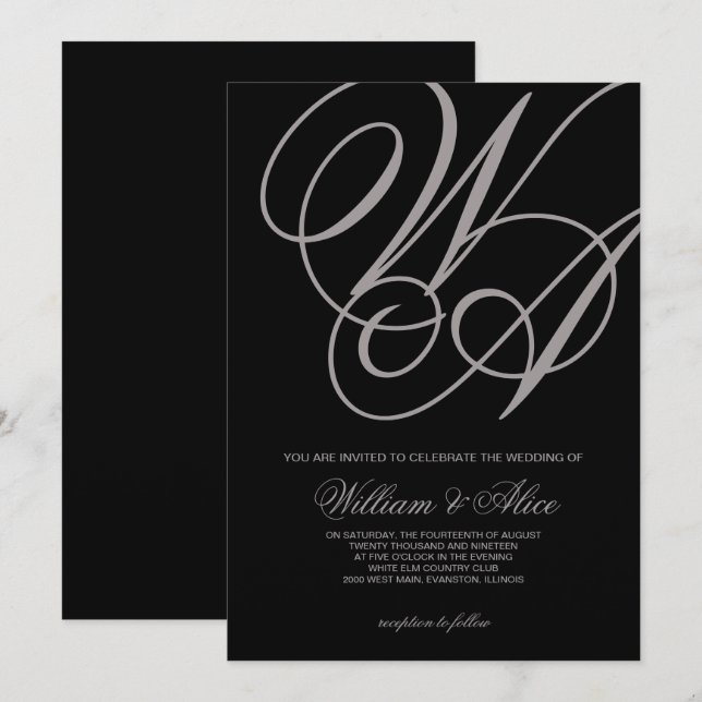 invitación de boda negra elegante (Anverso / Reverso)