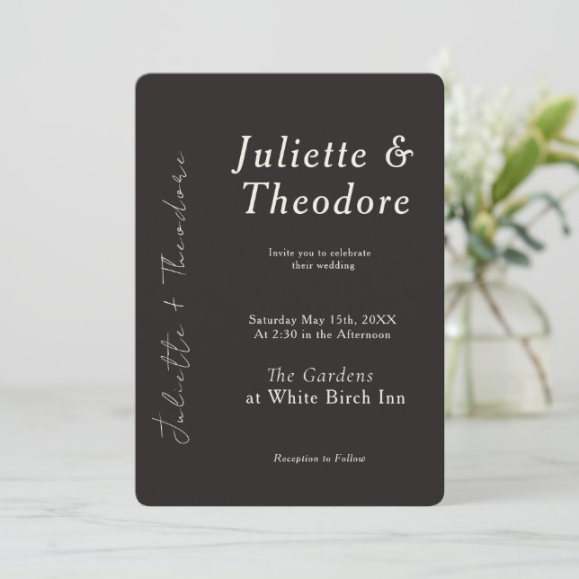 Invitación de boda negra elegante (Anverso de pie)