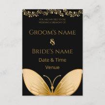 Invitación de boda negra elegante con mariposa dor